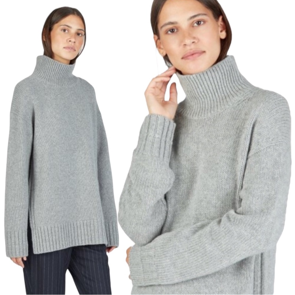 EVERLANE THE WOOL CASHMERE LONG TURTLENECK GRAY RIBBED SWEATER